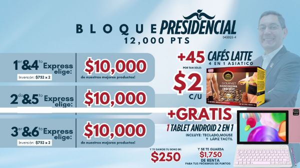Imagen de Promocion 043025-4 (6 E): Incentivo Doble Bloque Presidencial (45 Cafe + 1 Tablet)