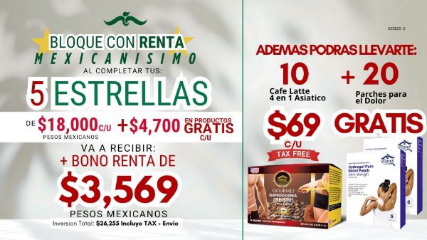 Imagen de Promocion 052825-2 (5 E): Incentivo Bloque 5 Estrellas Mexico (10 Cafes + 20 Parches GRATIS