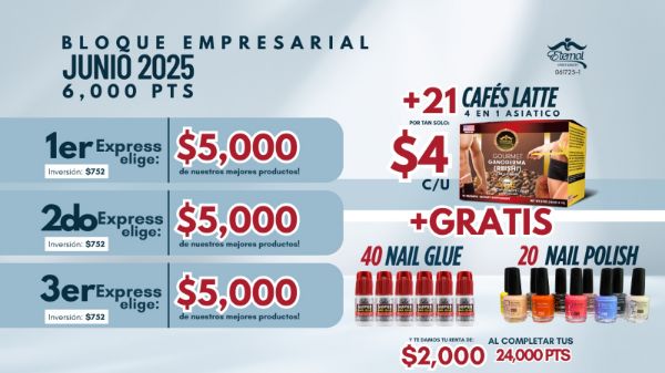 Imagen de Promocion 061725-1 (3 E): Incentivo Bloque Empresarial Junio 2025 (21 Cafe a $4 C/U +  40 Nail Glue + 20 Nail Polish)
