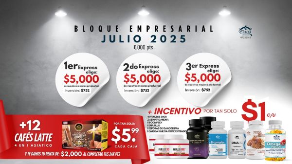 Imagen de Promocion 072225-3 (3 E): Incentivo Bloque Sencillo (12 Cafes por $5.99 c/u + Productos Variados por $1 c/u)